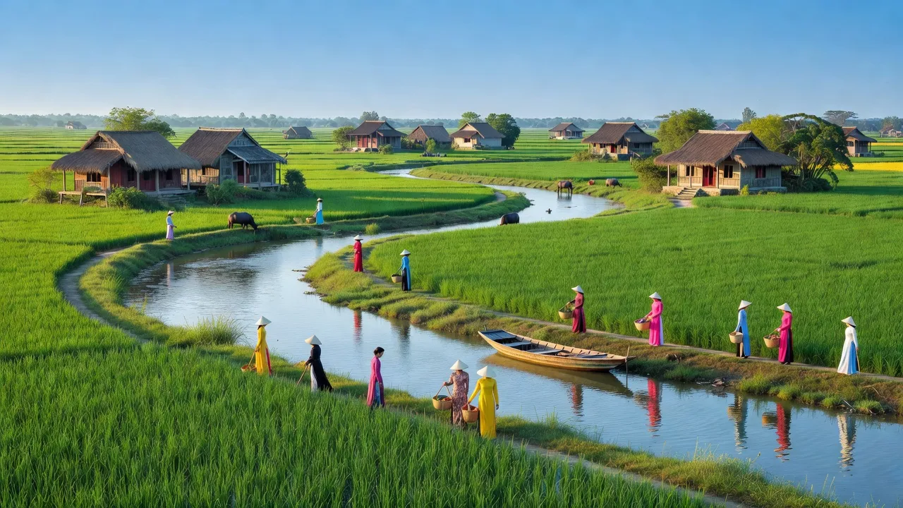 Cảnh đẹp xã Tân Trường, huyện Cẩm Giàng, tỉnh Hải Dương với sông Cẩm Giàng và đồng xanh.