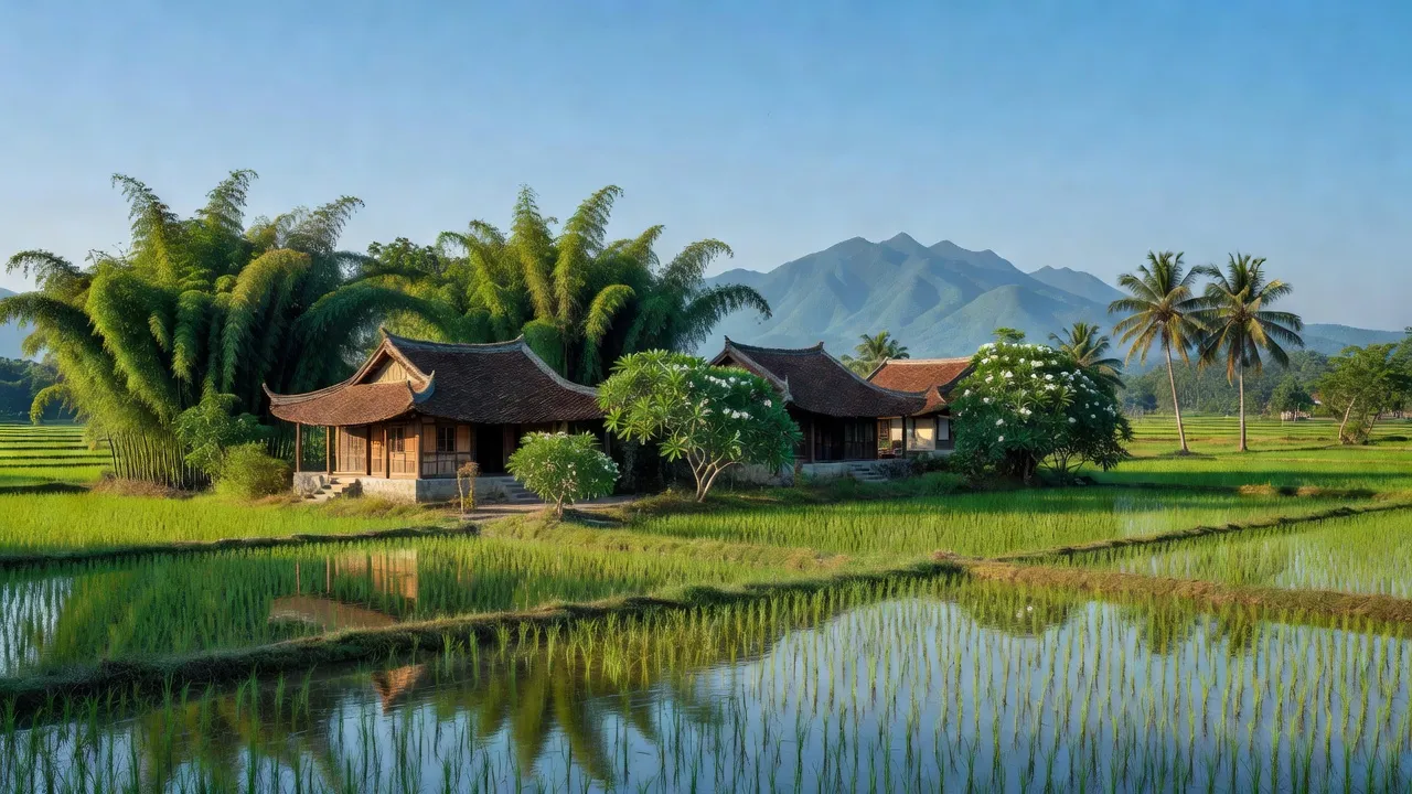 Cảnh sắc xã Bắc An, thành phố Chí Linh, tỉnh Hải Dương, nhà truyền thống và cánh đồng xanh.
