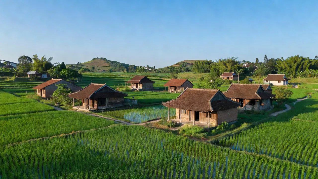 Khung cảnh yên bình xã Bắc An, thành phố Chí Linh, Hải Dương, có nhà truyền thống và đồng xanh.