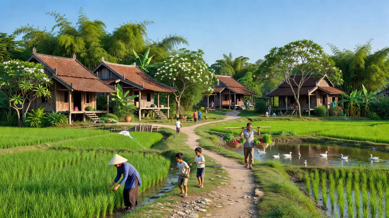 Khung cảnh Phường Bến Tắm, Thành phố Chí Linh, Hải Dương với nhà cửa truyền thống và cây xanh.