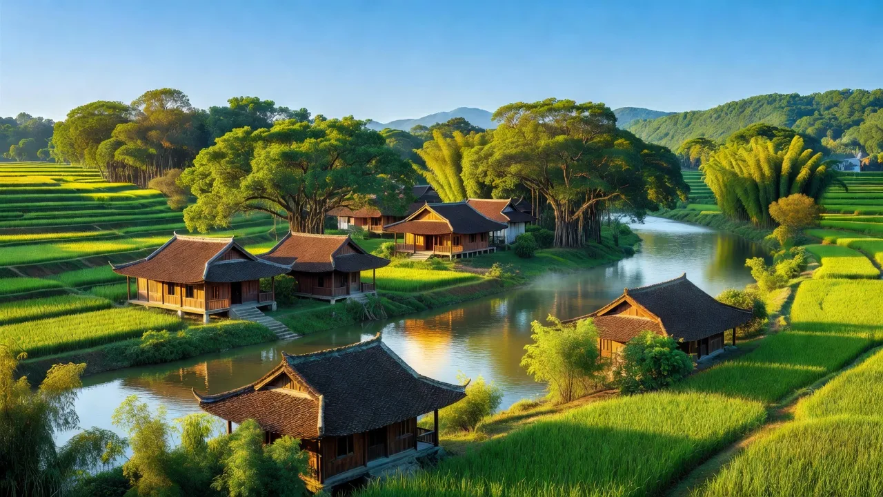 Cảnh quan tươi đẹp Phường Đồng Lạc, Thành phố Chí Linh, tỉnh Hải Dương với sông, nhà truyền thống.