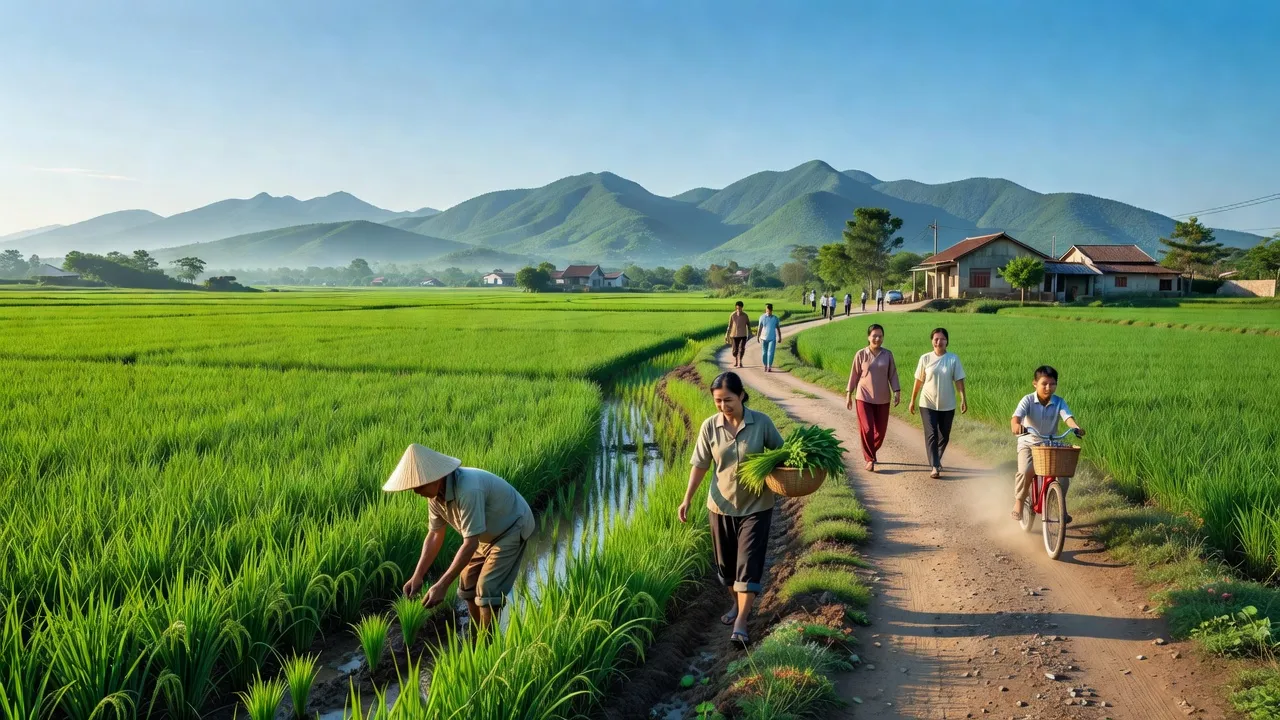 Cảnh quan nông thôn ở xã Hoàng Hoa Thám, Chí Linh với cánh đồng xanh và núi phía xa.