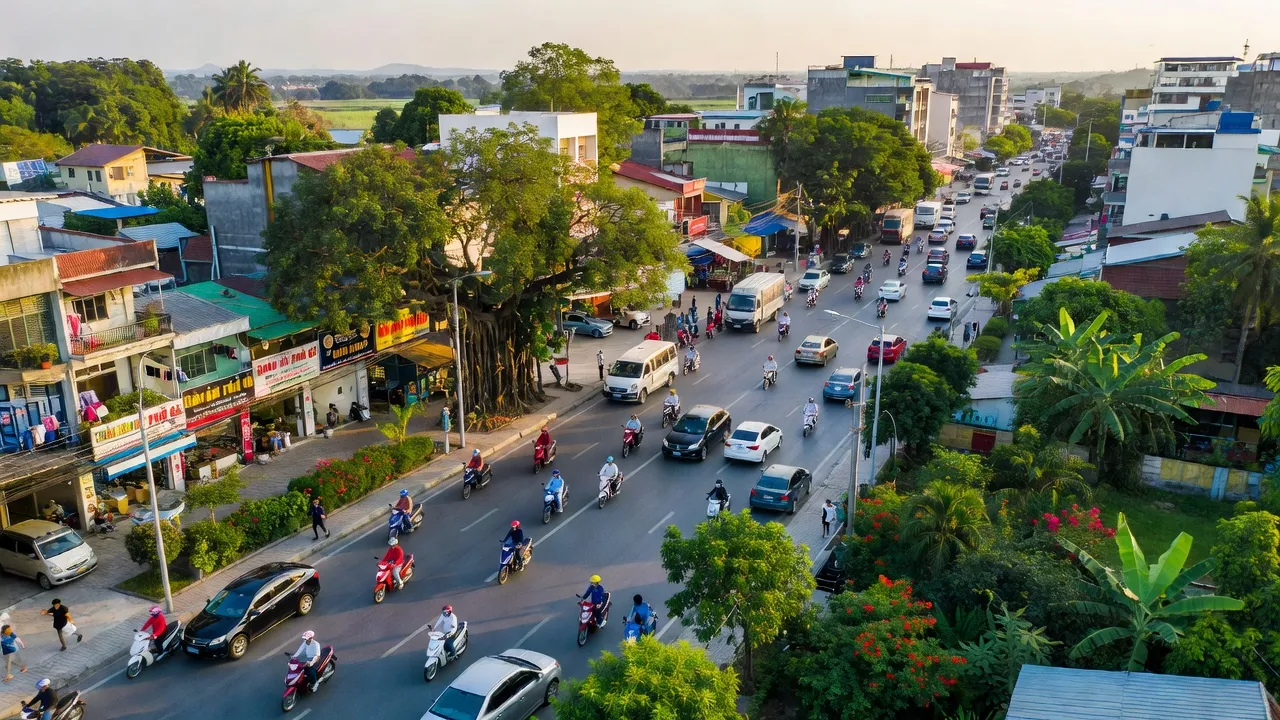 Cảnh quan phường Hoàng Tân, Thành phố Chí Linh, tỉnh Hải Dương, đường Quốc lộ 18 và cây cối xanh mát.