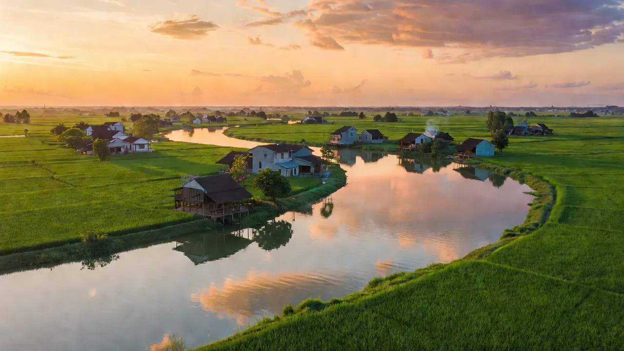 Cảnh sắc xã Nhân Huệ, Thành phố Chí Linh, tỉnh Hải Dương với sông nước và đồng xanh.
