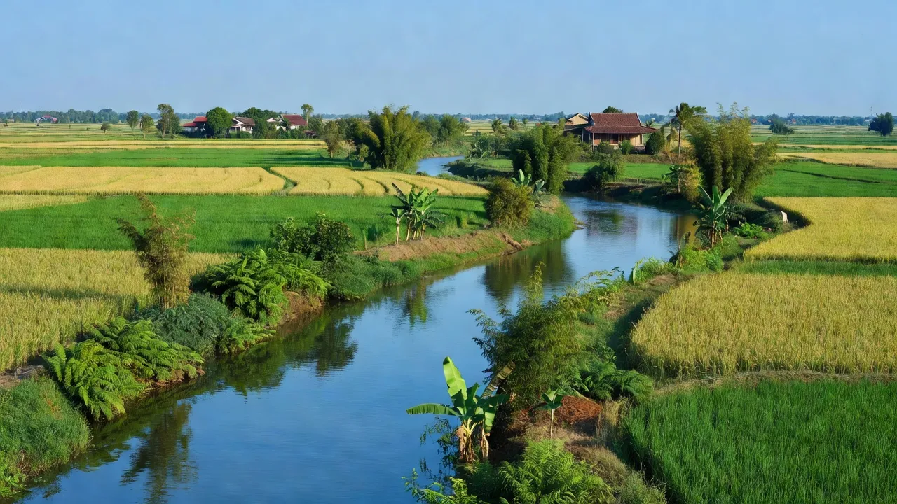Khung cảnh yên bình ở Xã Nhân Huệ, Thành phố Chí Linh, với sông Thái Bình và Kinh Thầy.
