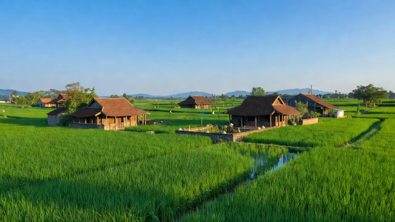 Khung cảnh Phường Phả Lại, Thành phố Chí Linh với cánh đồng xanh và nhà truyền thống.