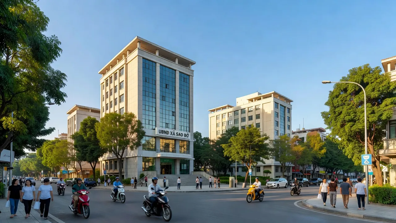 Khung cảnh phường Sao Đỏ, thành phố Chí Linh, Hải Dương với các tòa nhà hành chính và đường phố sôi động.