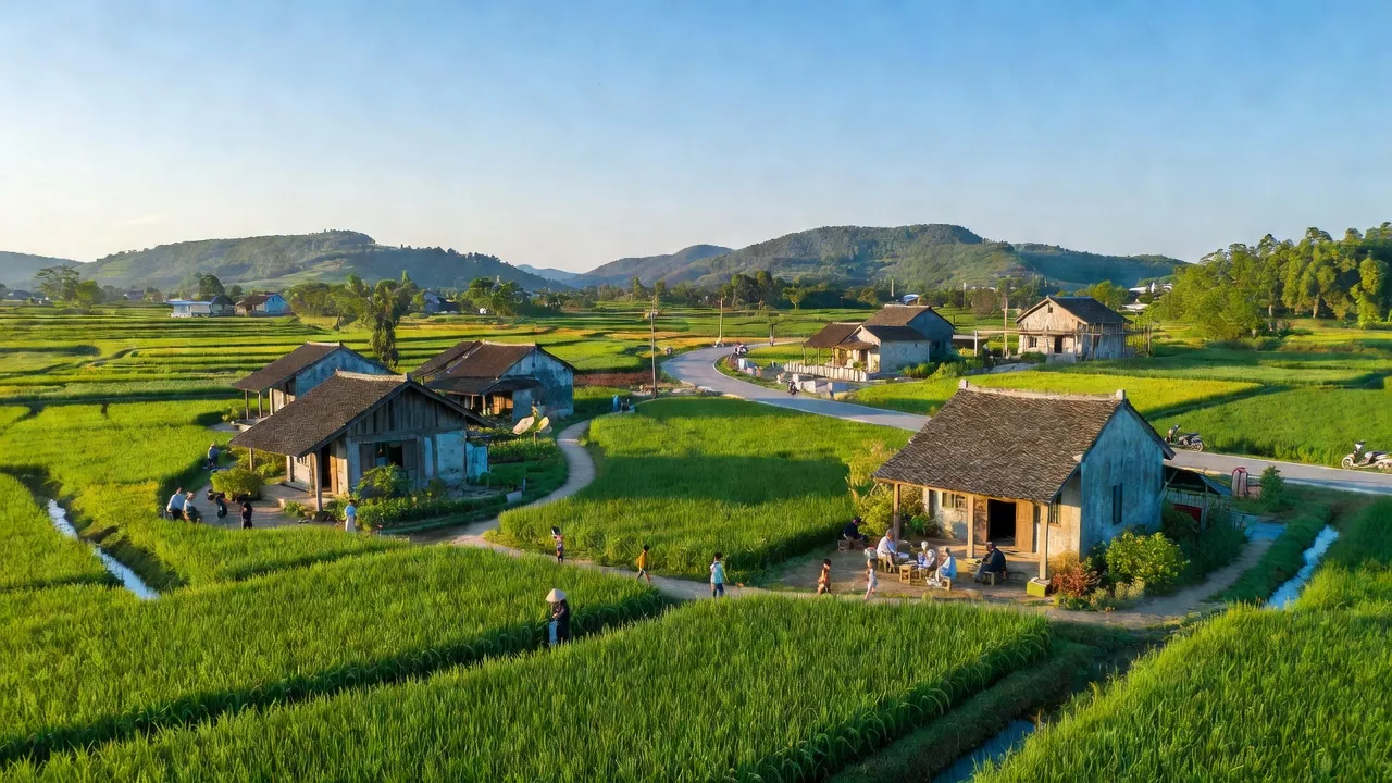 Cảnh đẹp xã Đoàn Thượng, huyện Gia Lộc, Hải Dương với đồng lúa xanh và nhà truyền thống.