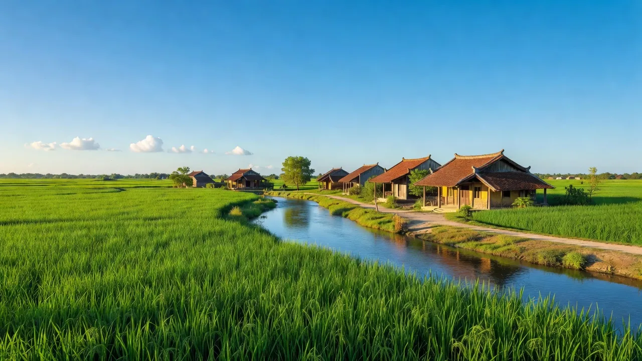 Cảnh đồng xanh và nhà truyền thống ở xã Gia Phúc, huyện Gia Lộc, Hải Dương vào mùa hè.