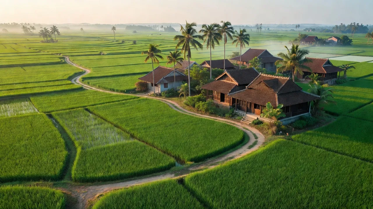 Khung cảnh yên bình xã Gia Phúc, huyện Gia Lộc, tỉnh Hải Dương với cánh đồng xanh và nhà truyền thống.