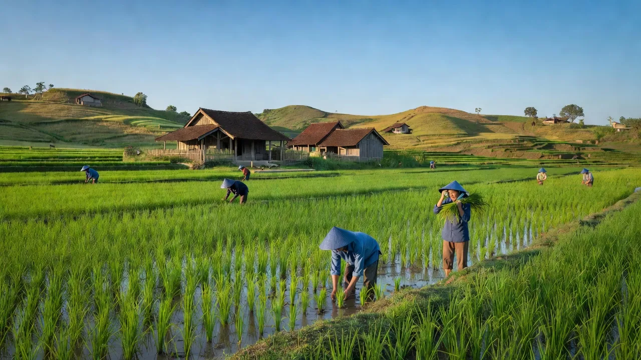 Cảnh đẹp nông thôn tại xã Gia Tiến, huyện Gia Lộc, tỉnh Hải Dương với hàng cánh đồng xanh.