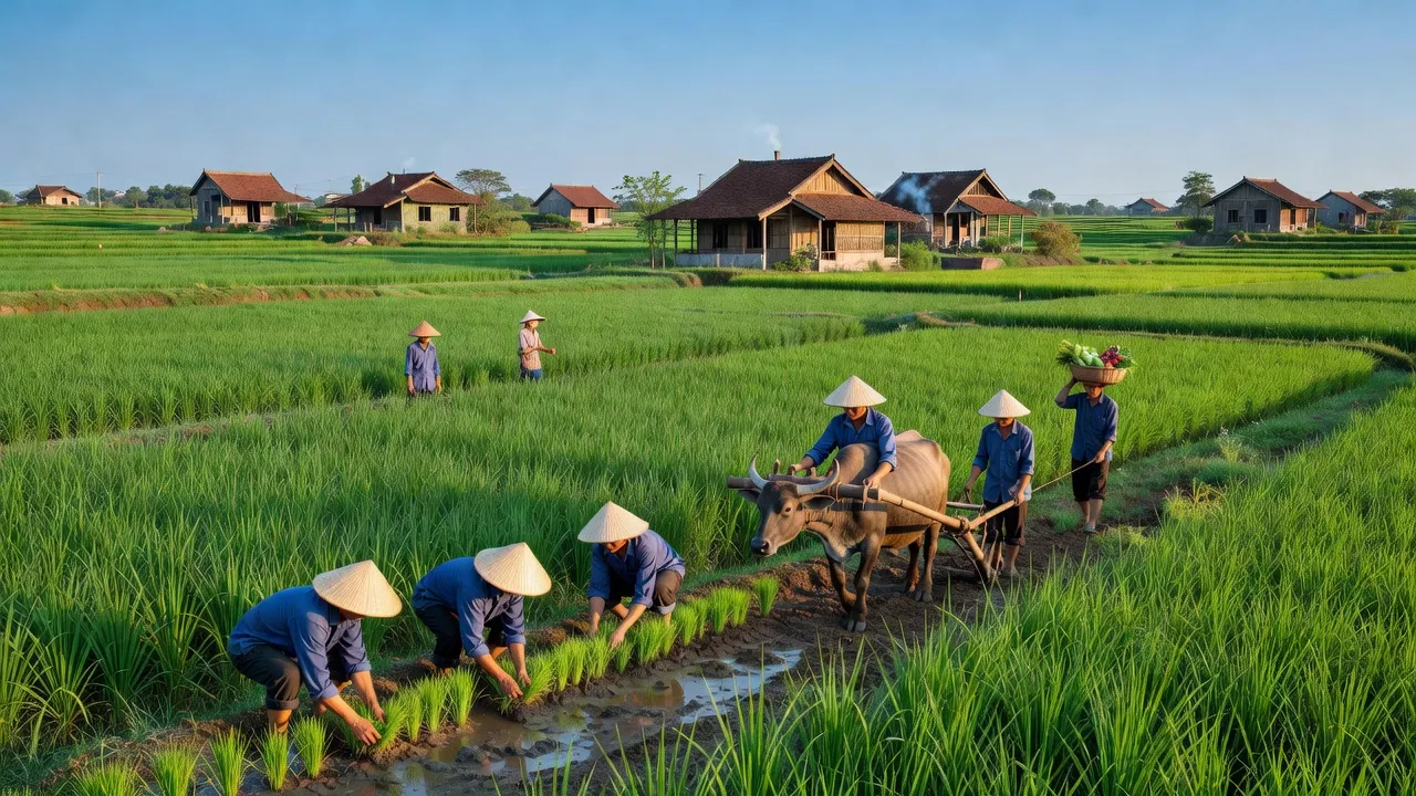 Khung cảnh yên bình tại xã Phạm Trấn, huyện Gia Lộc, tỉnh Hải Dương với cánh đồng xanh.