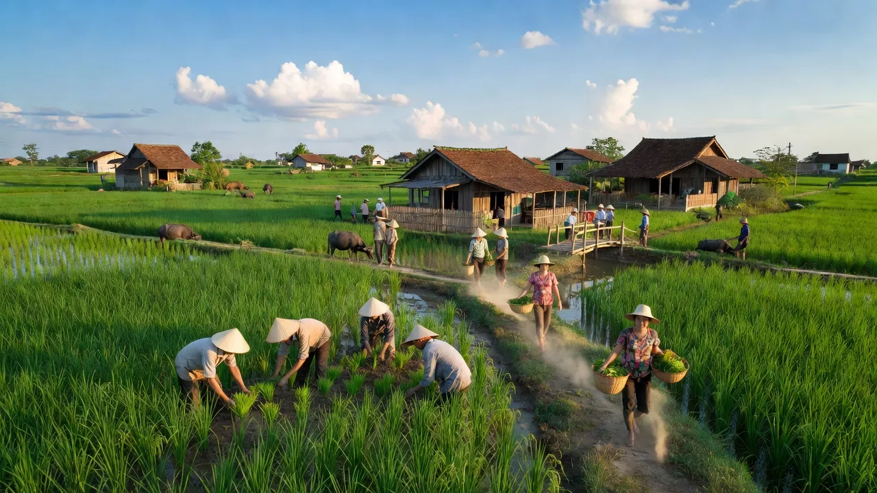 Cảnh đẹp xã Quang Đức, huyện Gia Lộc, Hải Dương với cánh đồng xanh và nhà truyền thống.