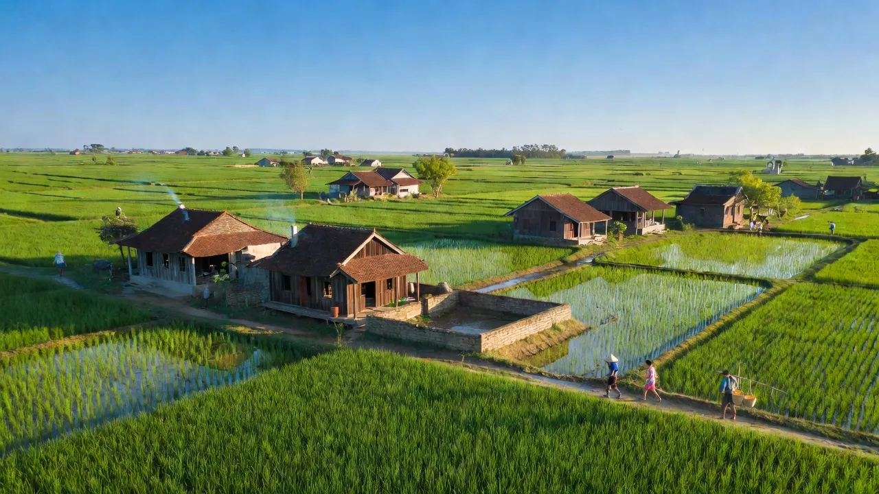 Cảnh đẹp Xã Yết Kiêu, huyện Gia Lộc với cánh đồng lúa và nhà cổ truyền thống tại Hải Dương.