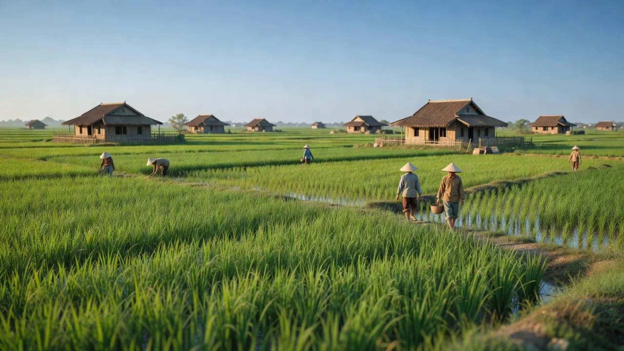Cảnh sắc bình dị của xã Đại Đức, huyện Kim Thành, tỉnh Hải Dương với cánh đồng xanh tươi.