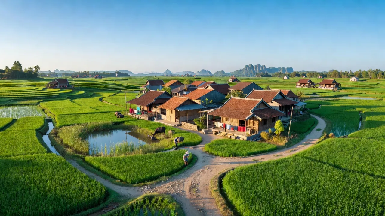 Cảnh đẹp xã Đồng Cẩm, huyện Kim Thành, Hải Dương với cánh đồng xanh và nhà truyền thống.