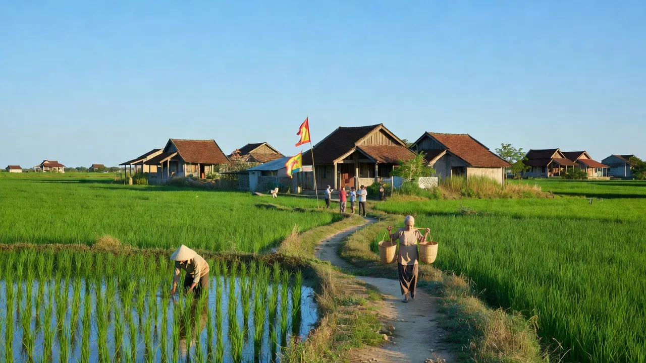 Khung cảnh yên bình ở Xã Hòa Bình, Kim Thành, Hải Dương với cánh đồng xanh tươi và nhà truyền thống.