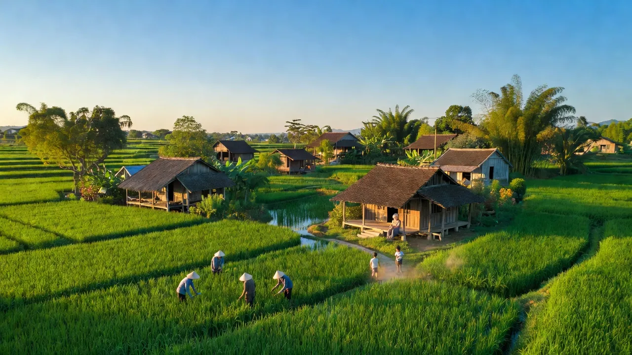 Cảnh đẹp Xã Kim Anh, huyện Kim Thành, tỉnh Hải Dương, với cánh đồng xanh và nhà truyền thống.