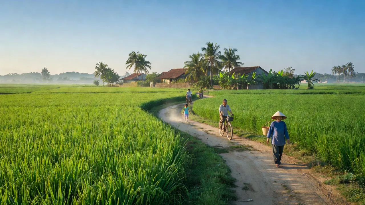 Cảnh quan xanh tươi xã Kim Đính, huyện Kim Thành, Hải Dương với người dân và cánh đồng.