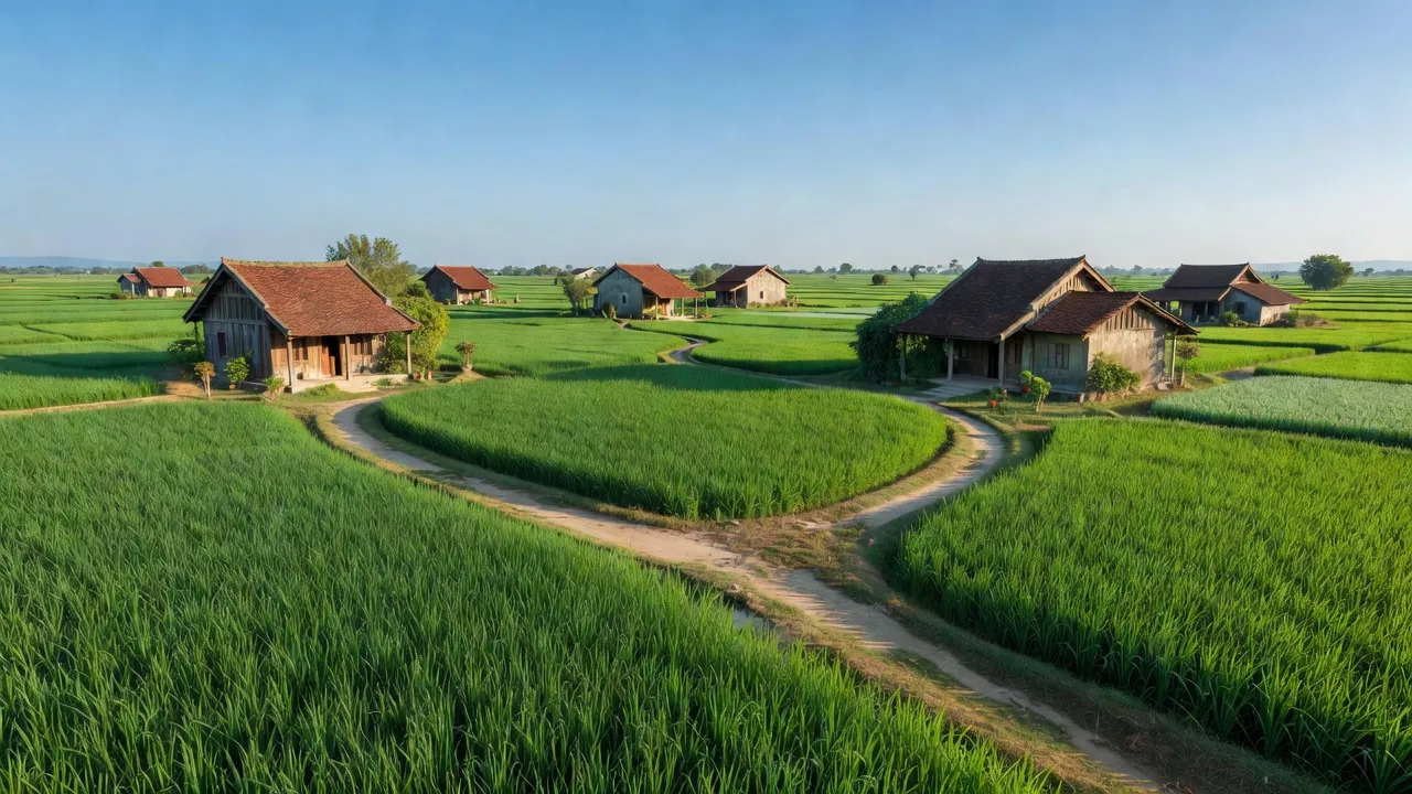 Cảnh đẹp xã Kim Liên huyện Kim Thành, Hải Dương với cánh đồng xanh và nhà truyền thống.