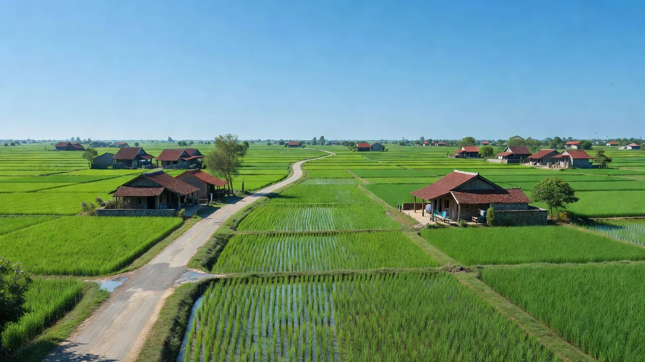 Cảnh đẹp xã Kim Liên, huyện Kim Thành, tỉnh Hải Dương với cánh đồng và nhà truyền thống.