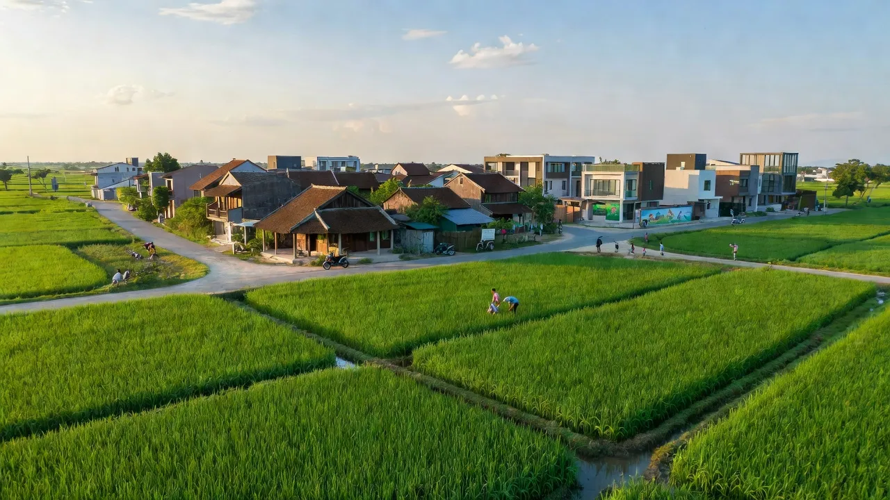 Cảnh đẹp xã Kim Tân, huyện Kim Thành, tỉnh Hải Dương với các khu dân cư mới và cánh đồng xanh.