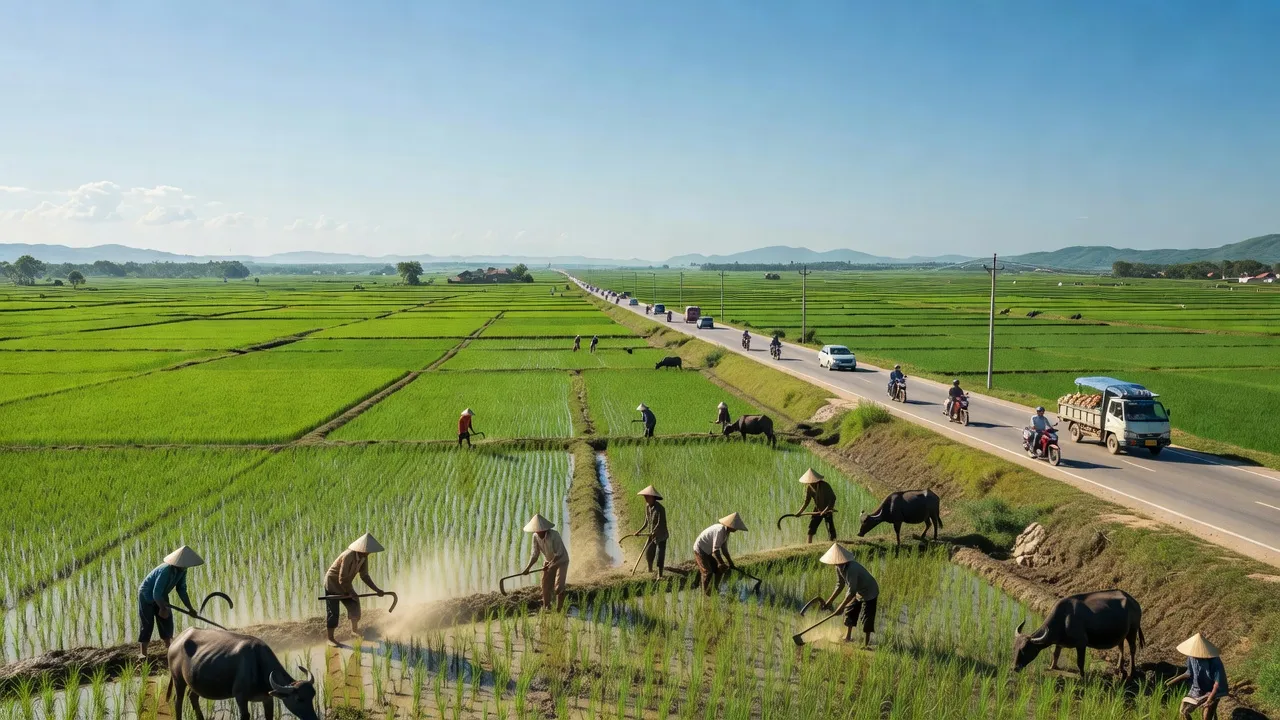 Cảnh quan xã Lai Khê, huyện Kim Thành, tỉnh Hải Dương, với đường Quốc lộ 5A và người dân làm nông.
