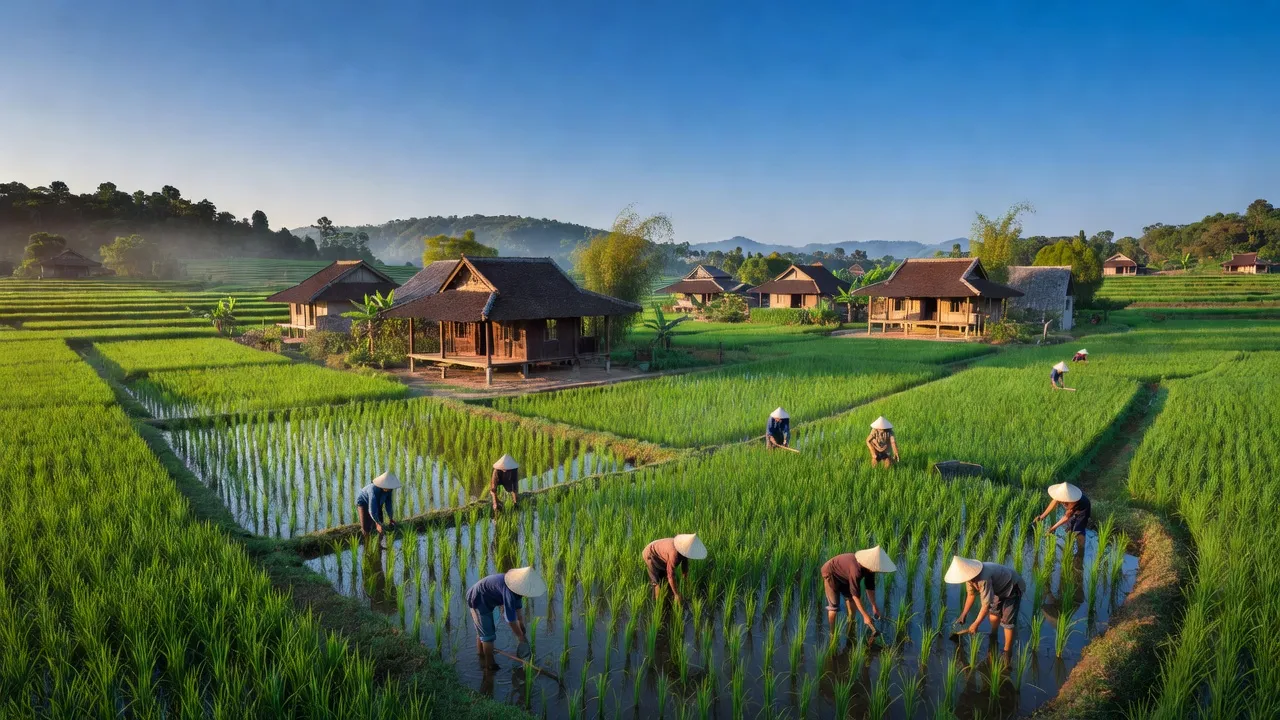 Cảnh đẹp Xã Ngũ Phúc, huyện Kim Thành, Hải Dương với cánh đồng xanh mát và nhà truyền thống.