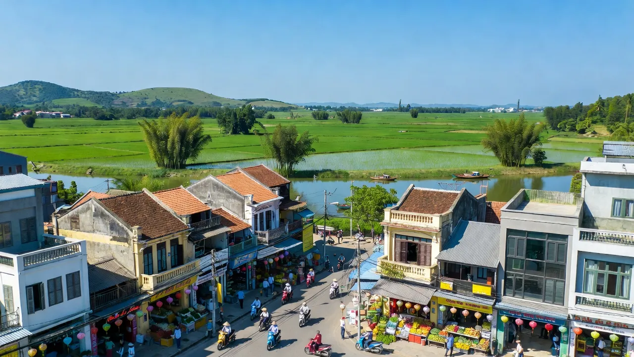 Khung cảnh thị xã Kinh Môn, Hải Dương với kiến trúc địa phương và cảnh quan thiên nhiên tươi đẹp.