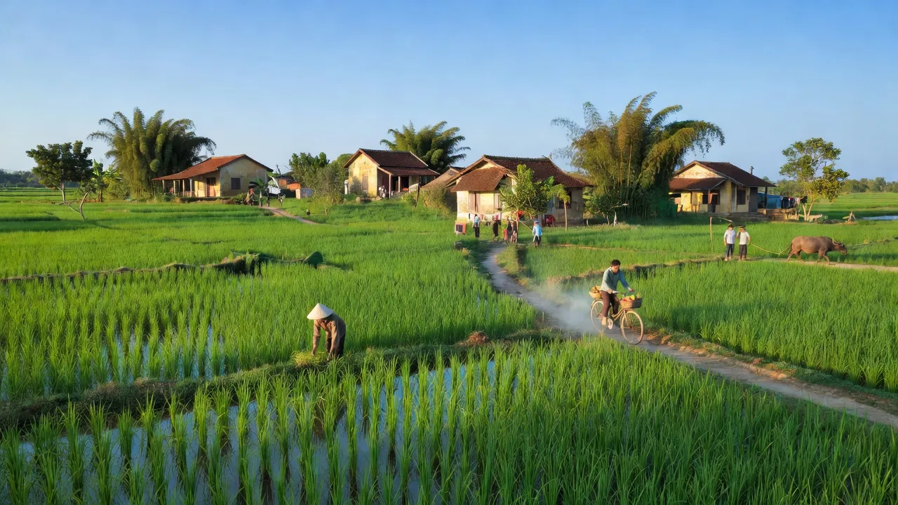Khung cảnh yên bình của Phường An Lưu, thị xã Kinh Môn với nhà cửa và cánh đồng xanh.