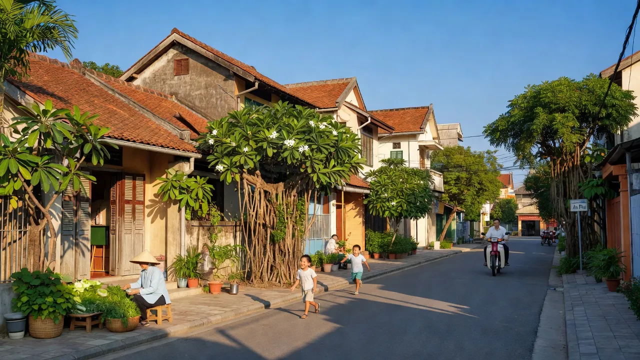 Cảnh quan phường An Phụ thị xã Kinh Môn, Hải Dương với nhà truyền thống và cây xanh.