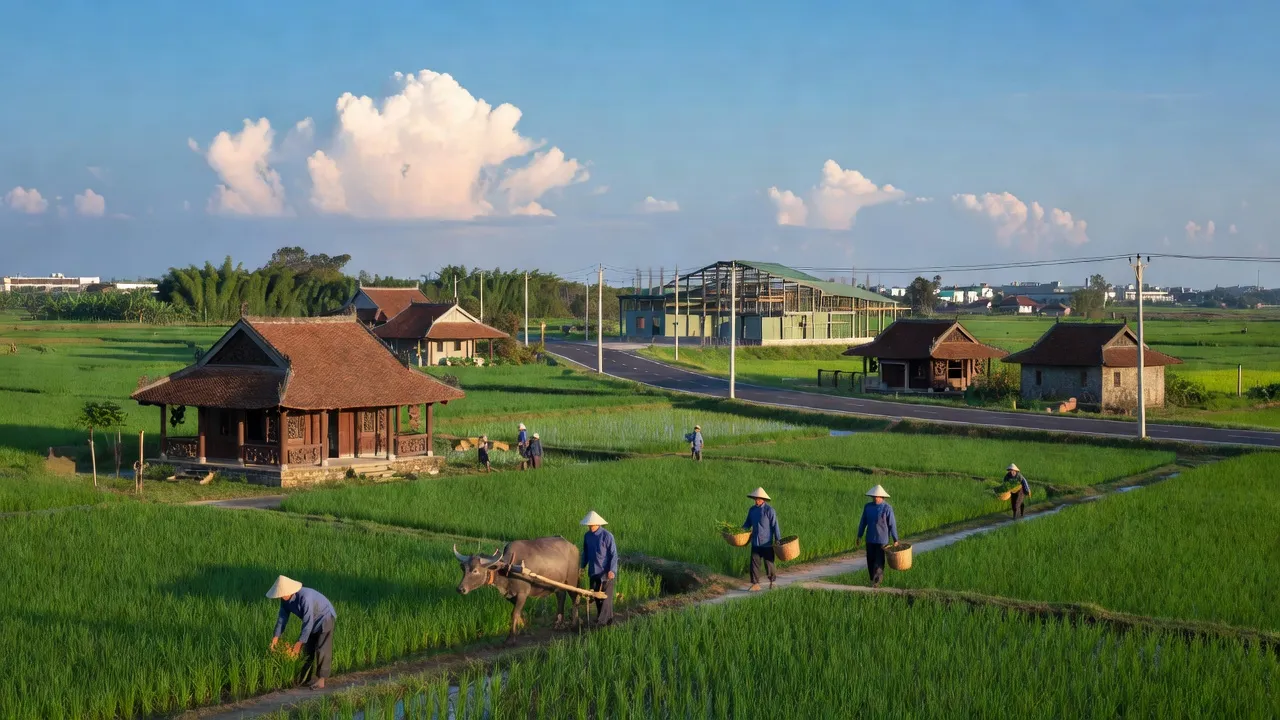 Xã Hiệp Hòa, Thị xã Kinh Môn, Hải Dương, với cánh đồng xanh và kiến trúc truyền thống.
