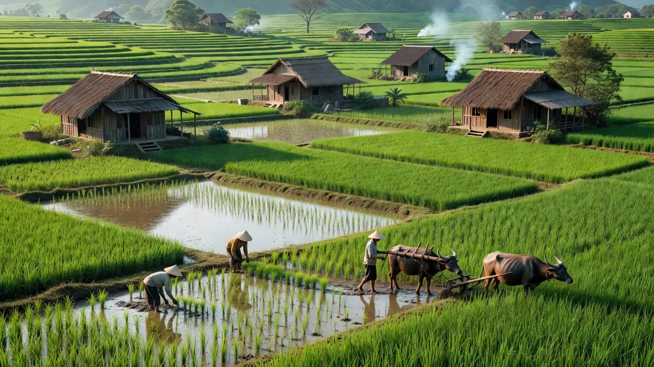 Khung cảnh yên bình tại Xã Lê Ninh, Thị xã Kinh Môn với cánh đồng lúa xanh mát.