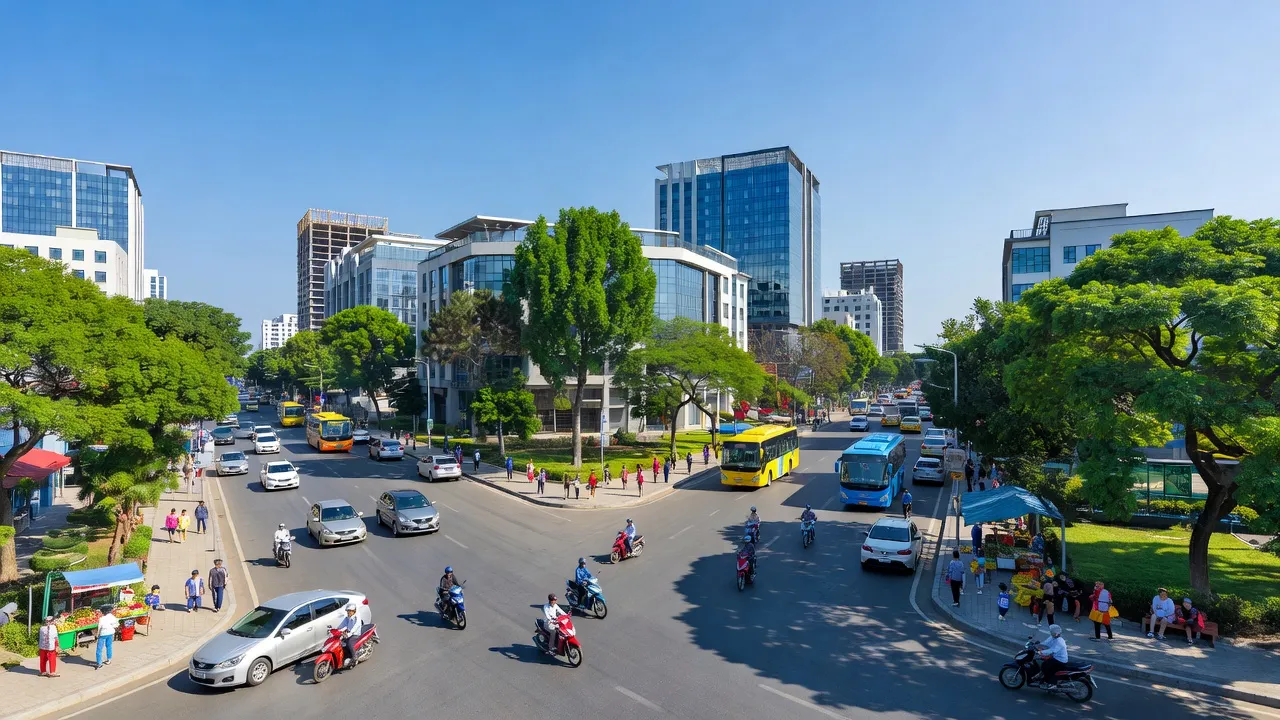Cảnh quan đô thị Phường Long Xuyên, Thị xã Kinh Môn, tỉnh Hải Dương với cây xanh và giao thông nhộn nhịp.