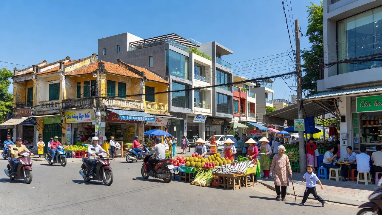 Cảnh quan sôi động tại Phường Long Xuyên, Thị xã Kinh Môn, Hải Dương với thị trường và nhà truyền thống.
