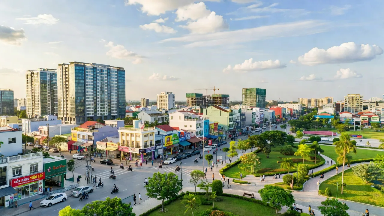 Khung cảnh hiện đại tại Phường Phú Thứ, Thị xã Kinh Môn, tỉnh Hải Dương với khu dân cư và thương mại.