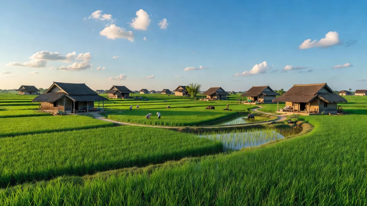 Cảnh đẹp Quang Thành, Kinh Môn với cánh đồng lúa xanh mướt và nhà truyền thống Việt Nam.