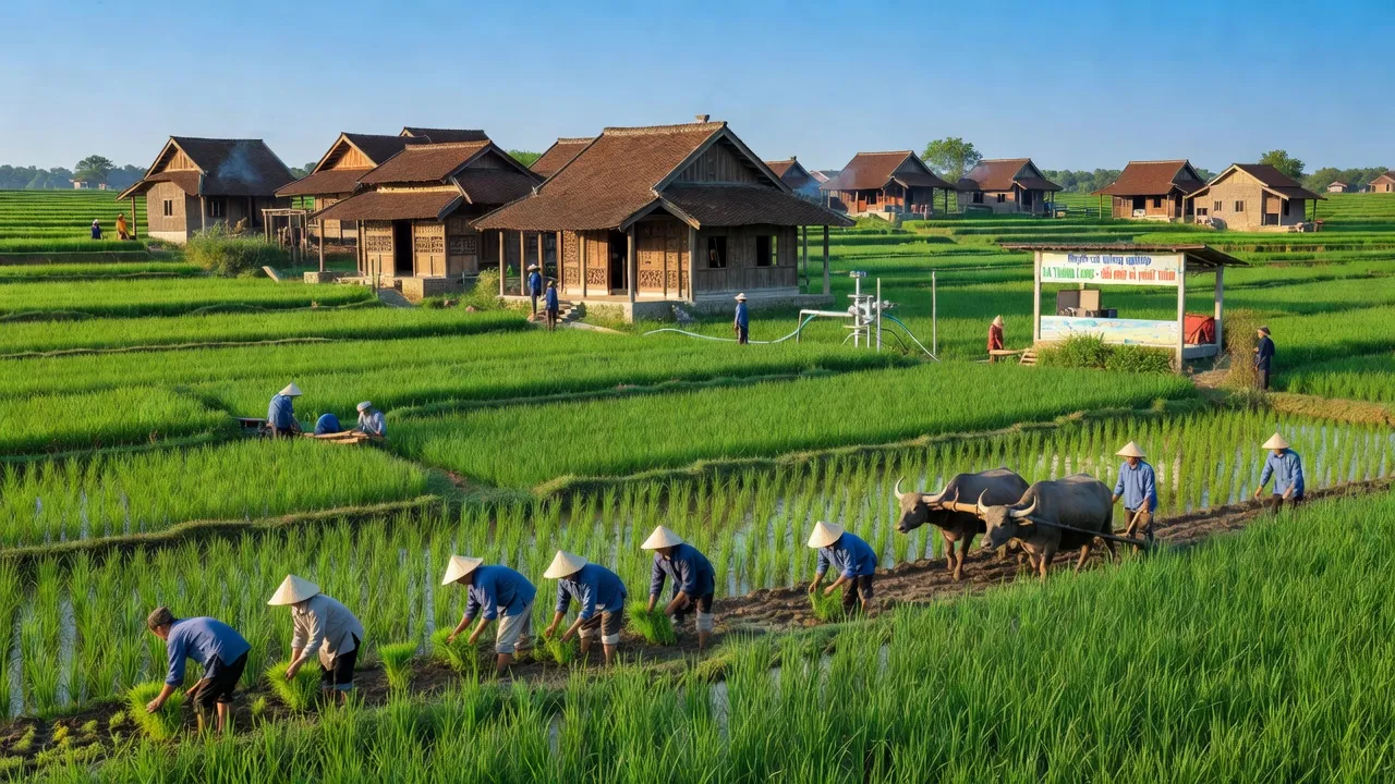 Khung cảnh nông thôn Xã Thăng Long, Kinh Môn với cánh đồng lúa xanh tươi và nhà mái ngói.