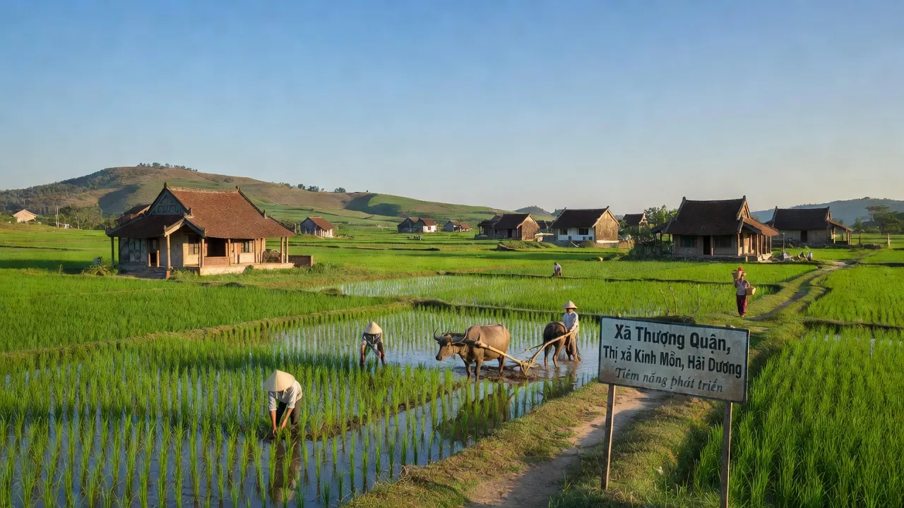 Khung cảnh đồng quê Xã Thượng Quận, Kinh Môn, Hải Dương với cánh đồng xanh tươi và nhà truyền thống.