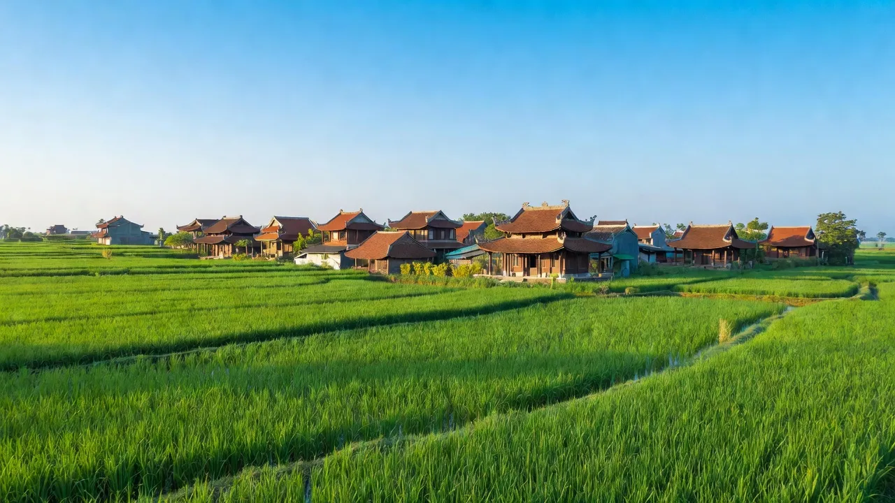 Cảnh đẹp huyện Nam Sách, Hải Dương với cánh đồng xanh và kiến trúc truyền thống Việt Nam.