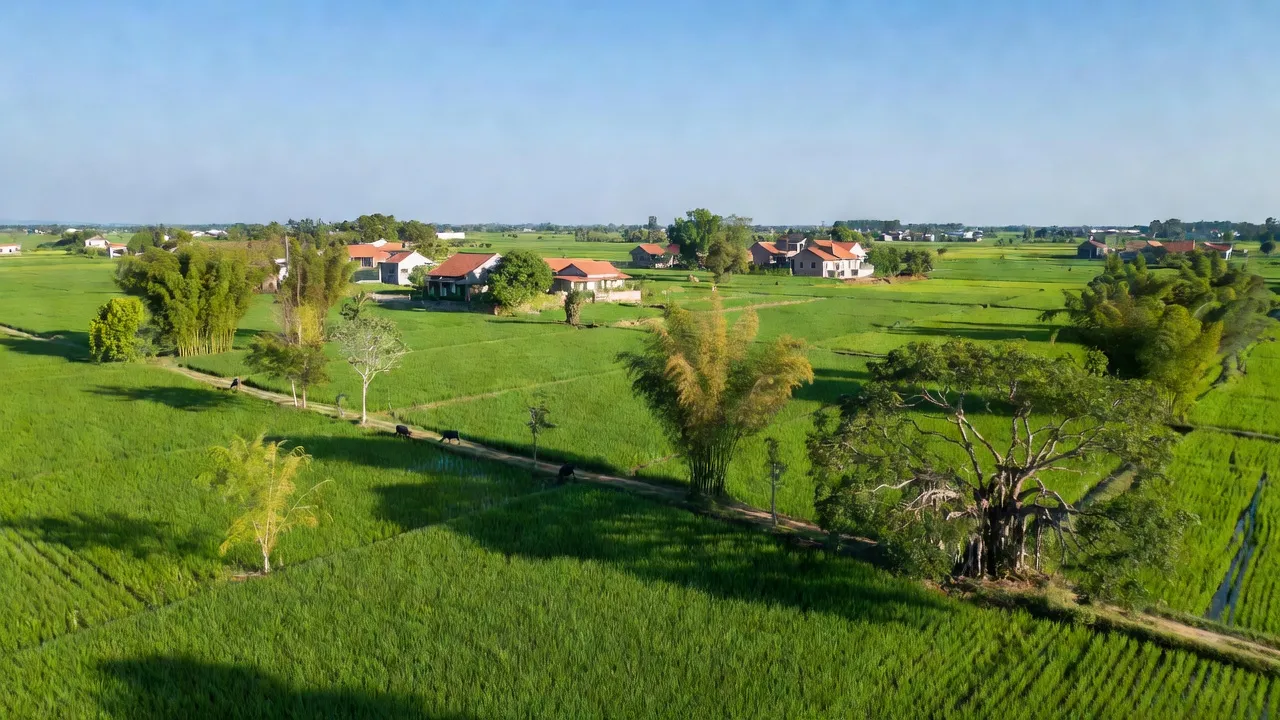 Cảnh quan thiên nhiên xã An Bình, huyện Nam Sách, Hải Dương, với ruộng và cây xanh tươi tốt.