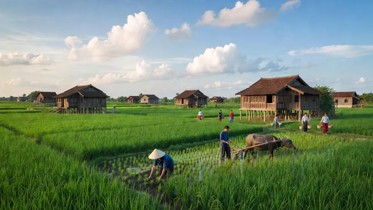 Cảnh quan thanh bình xã An Phú, huyện Nam Sách, tỉnh Hải Dương với đồng xanh và nhà truyền thống.
