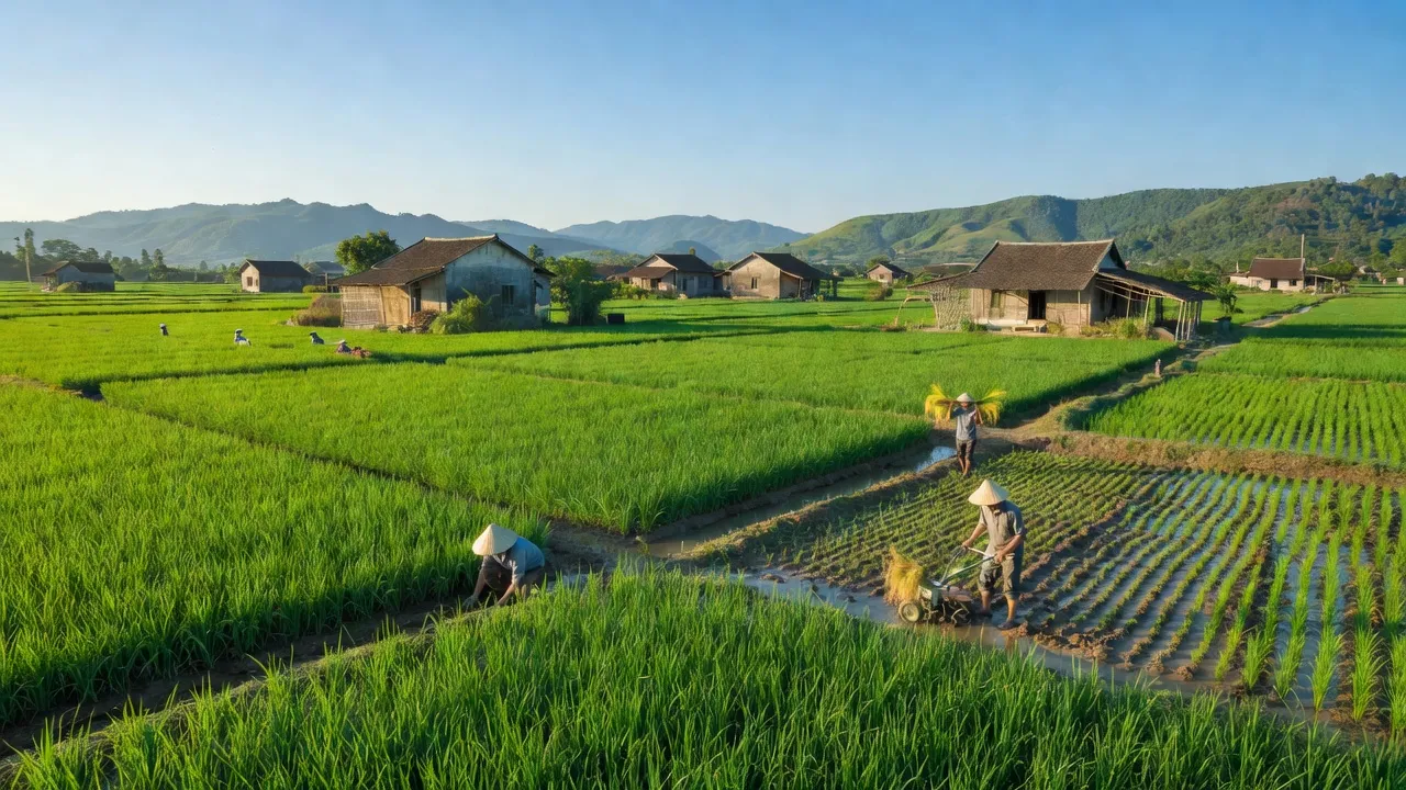 Cảnh làng An Sơn, huyện Nam Sách, tỉnh Hải Dương với cánh đồng xanh và nhà truyền thống.