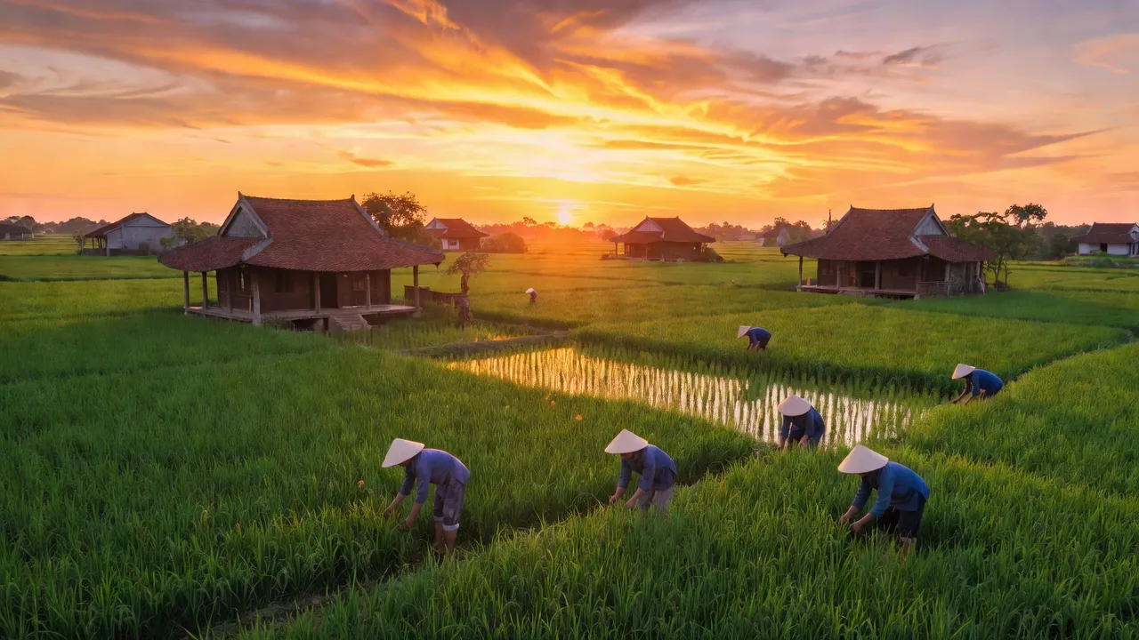 Cảnh đồng quê xã Cộng Hòa, huyện Nam Sách, tỉnh Hải Dương, nổi bật với ruộng xanh và nhà truyền thống.