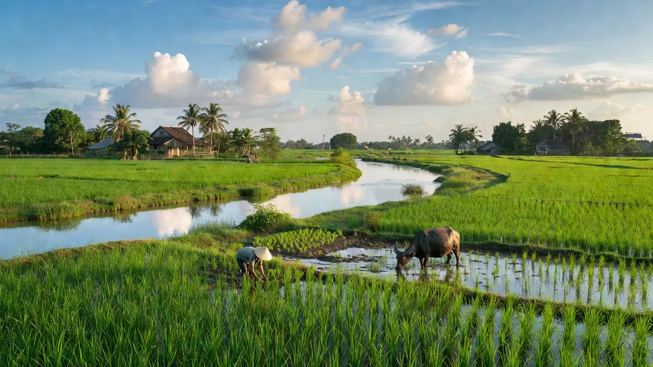 Cảnh thiên nhiên Xã Hiệp Cát, Huyện Nam Sách với cánh đồng xanh tươi và dòng sông êm đềm.