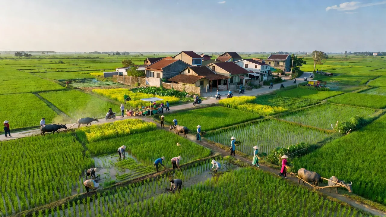 Khung cảnh nông nghiệp tại xã Hồng Phong, huyện Nam Sách, tỉnh Hải Dương, nơi vừa sản xuất vừa sinh sống.