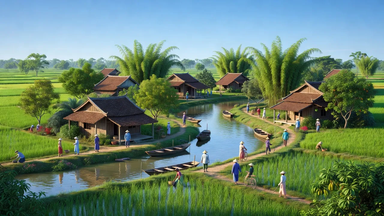 Phong cảnh xã Hợp Tiến, huyện Nam Sách, tỉnh Hải Dương với sông Kinh Thầy và nhà truyền thống.