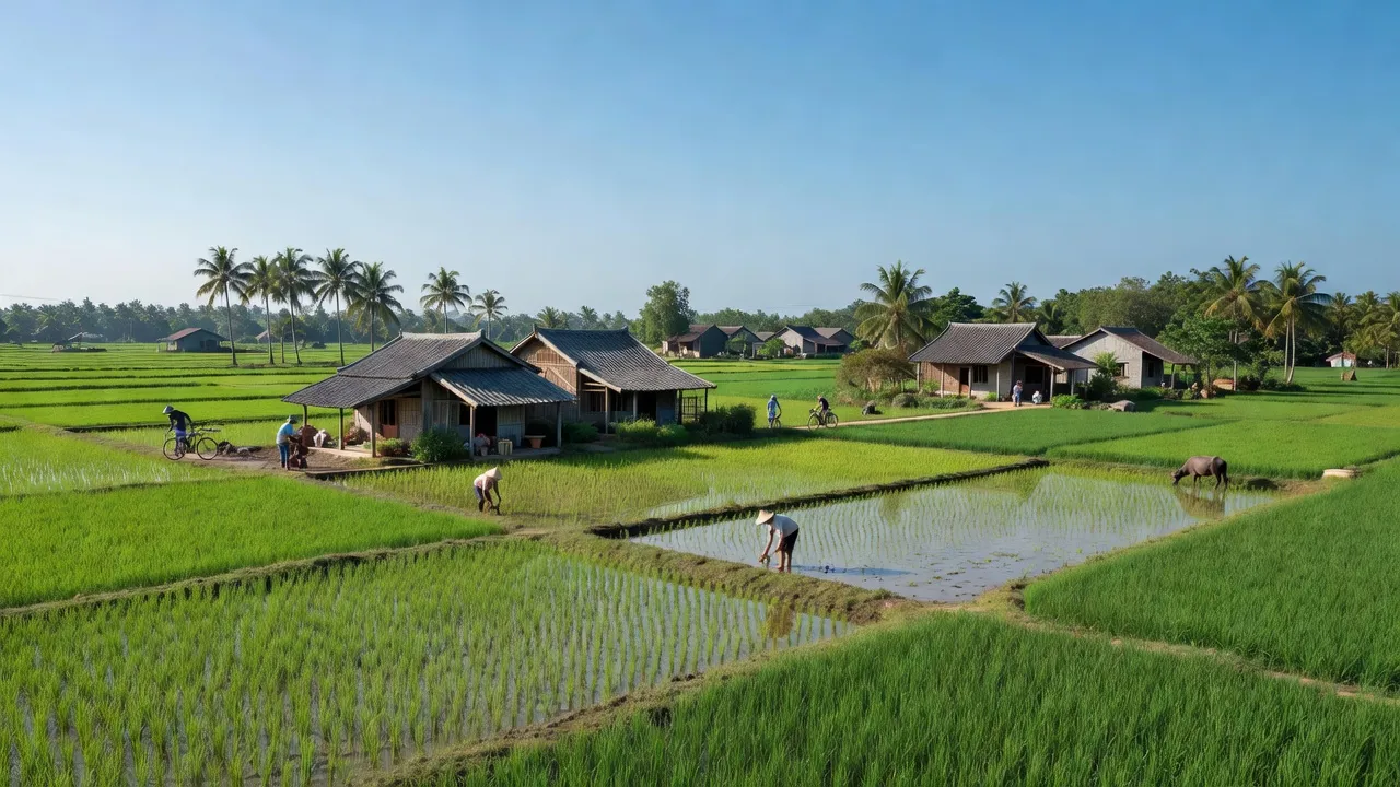 Quang cảnh xã Thái Tân, huyện Nam Sách với cánh đồng xanh và nhà truyền thống Việt Nam.