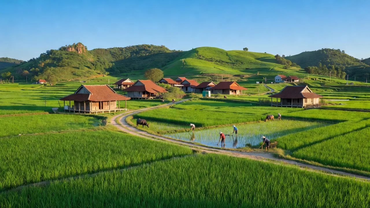 Cảnh quan huyện Ninh Giang, tỉnh Hải Dương với ruộng xanh và nhà truyền thống.