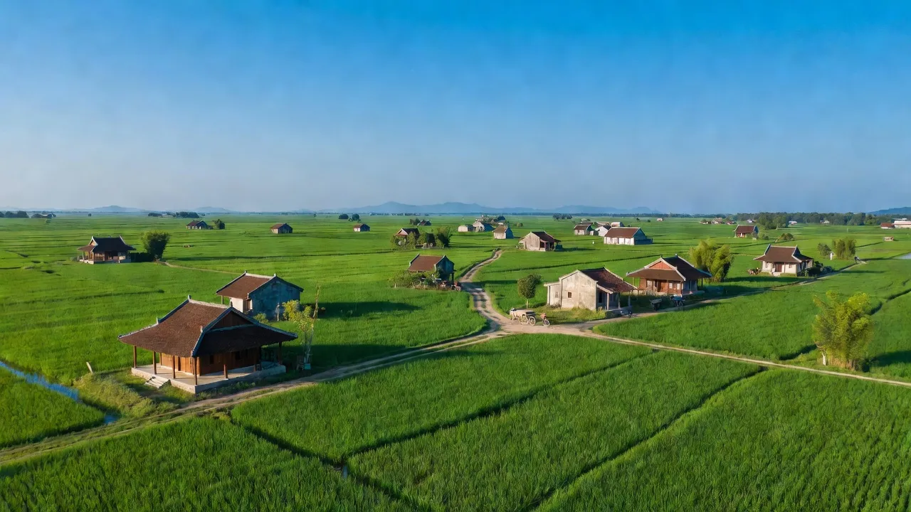 Khung cảnh Xã An Đức, huyện Ninh Giang, tỉnh Hải Dương với cánh đồng xanh và nhà truyền thống.